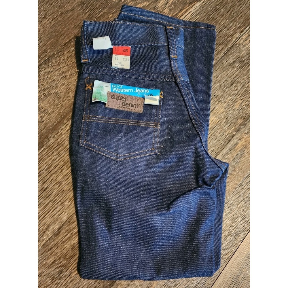 Vintage 70s JC Penney Jeans Boys 23x23 1/2 Blue Flared Western Super Denim New